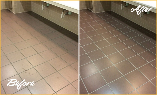 Before and After Picture of a Hawthorne Restrooms Tile and Grout Cleaned to Remove Embedded Dirt