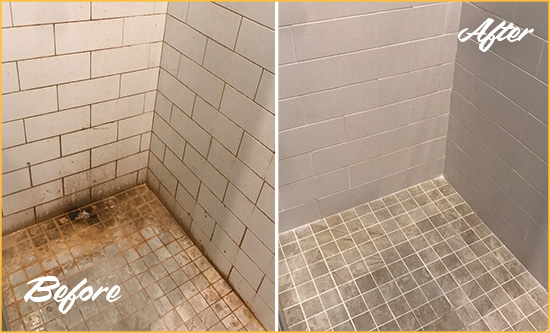 Before and After Picture of a Pelham Manor Shower Tile and Grout Cleaned to Eliminate Mold and Stains