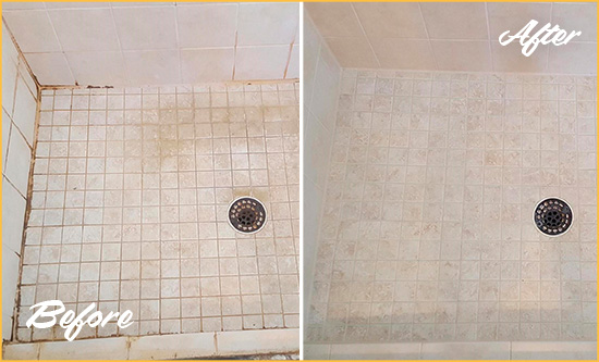 Before and After Picture of a Harrison Shower Caulked to Fix Cracks