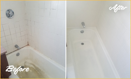 Before and After Picture of a West Harrison Bathtub Caulked to Repair Cracks