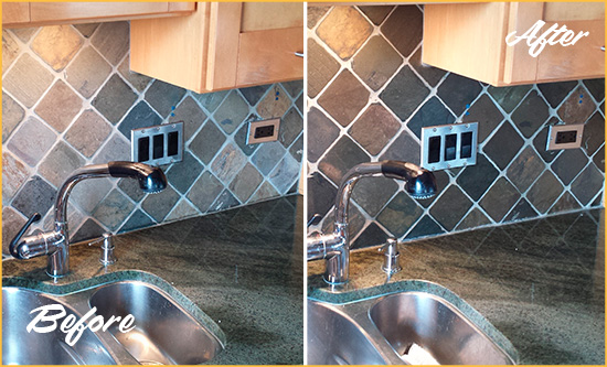 Before and After Picture of a Hastings On Hudson Backsplash Caulked to Fix and Prevent Water Leaks