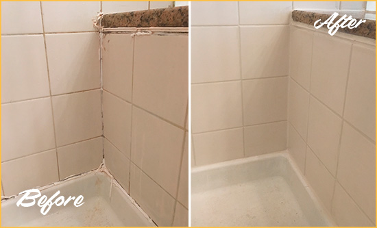 Before and After Picture of a Pelham Shower Caulked to Repair Damaged Caulking