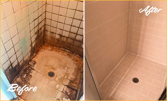 Before and After Picture of a Tuckahoe Shower Caulked to Fix and Prevent Water Damage