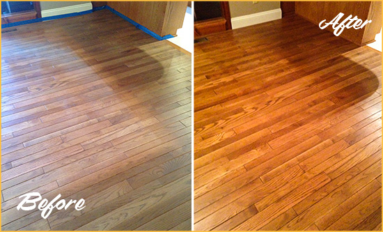 Before and After Picture of a Katonah Wood Sandless Refinishing Service on a Dull Floor to Recover Its Sheen