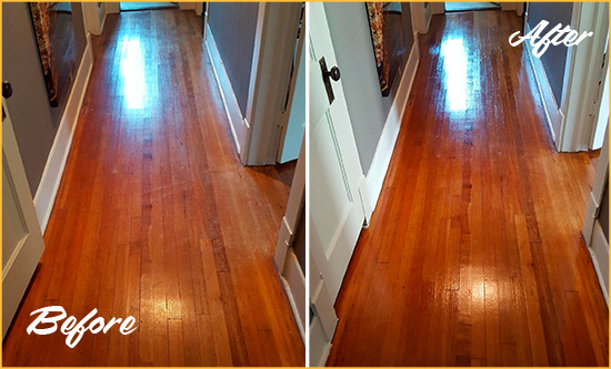 Before and After Picture of a Bronxville Wood Sandless Refinishing Service on a Floor to Eliminate Scratches