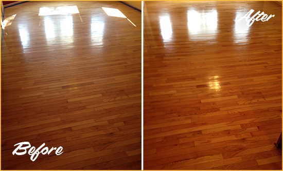 Before and After Picture of a Thornwood Wood Sandless Refinishing Service on a Room Floor to Remove Scratches