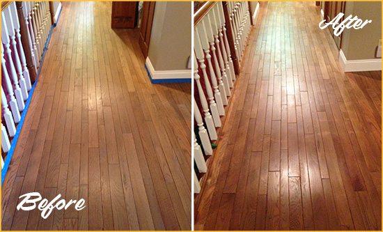 Before and After Picture of a Purdys Wood Sandless Refinishing Service on a Worn Out Floor