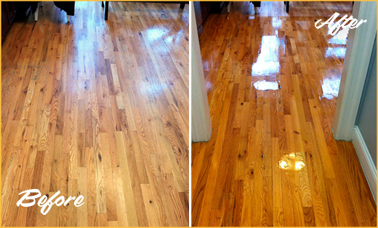 Before and After Picture of a Bronxville Wood Sandless Refinishing Service on a Worn Out Hallway