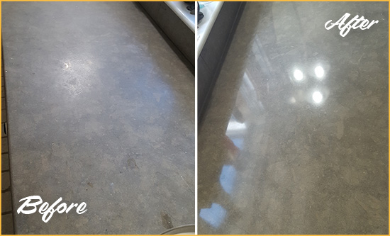 Before and After Picture of a Dull Pound Ridge Limestone Countertop Polished to Recover Its Color