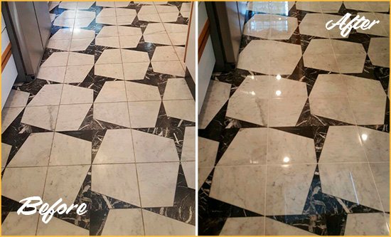 Before and After Picture of a Dull Rye Marble Stone Floor Polished To Recover Its Luster