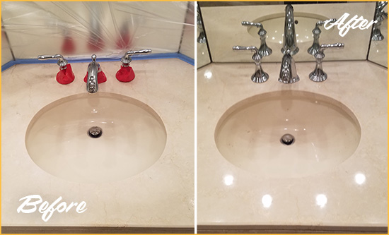 Before and After Picture of a Dull Port Chester Marble Stone Vanity Top Polished to Bring-Back Its Sheen