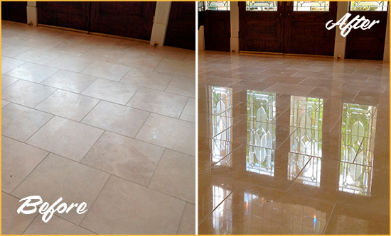 Before and After Picture of a Dull Katonah Travertine Stone Floor Polished to Recover Its Gloss