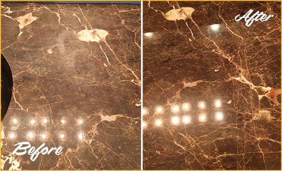 Before and After Picture of a Tuckahoe Marble Stone Countertop Polished to Eliminate Stains