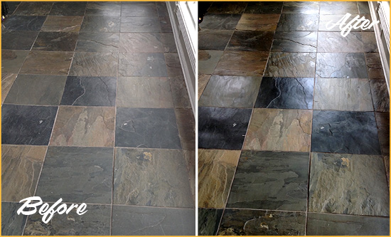 Before and After Picture of a Dull Brewster Slate Floor Sealed to Bring Back Its Colors