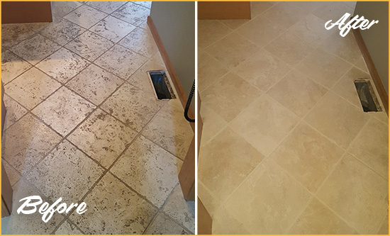 Before and After Picture of a Purdys Kitchen Marble Floor Cleaned to Remove Embedded Dirt
