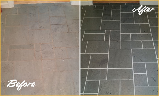Before and After Picture of a Pelham Manor Slate Floor Cleaned to Remove Deep-Seated Dirt