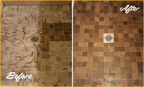 Before and After Picture of a Stained Pleasantville Marble Shower Floor Cleaned to Remove Etching
