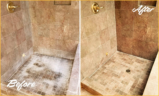 Before and After Picture of a Somers Travertine Shower Cleaned to Eliminate Water Spots