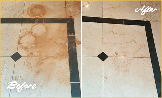 Before and After Picture of a Shrub Oak Marble Floor Cleaned to Eliminate Rust Stains