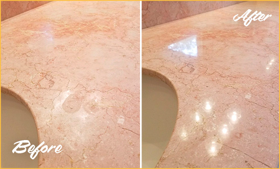 Before and After Picture of a Tarrytown Marble Stone Vanity Top Sealed to Avoid Water Marks