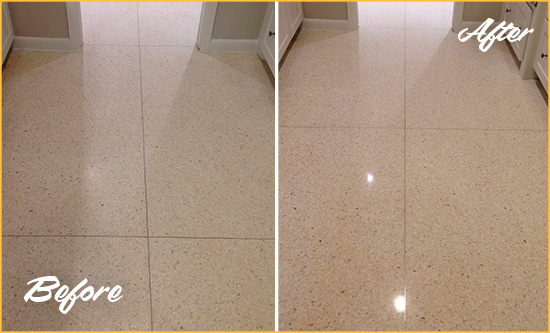 Before and After Picture of a Dull Valhalla Granite Floor Honed to Recover Its Sheen