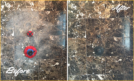 Before and After Picture of a Shrub Oak Marble Shower Honed to Remove Scratches