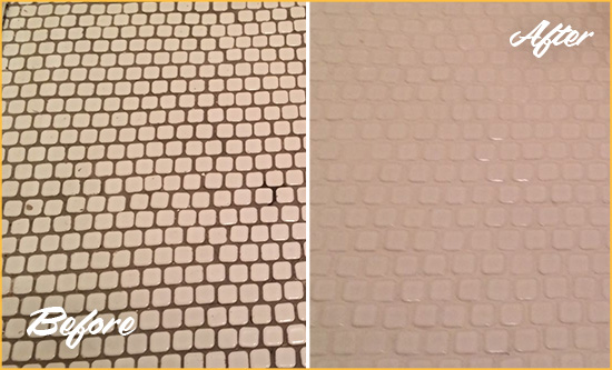 Before and After Picture of a Port Chester Mosaic Tile floor Grout Cleaned to Remove Dirt