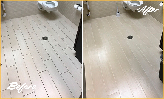 Before and After Picture of a Brewster Office Restroom's Grout Cleaned to Remove Dirt