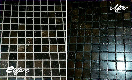 Before and After Picture of a Jefferson Valley Black Floor with Recolored Grout