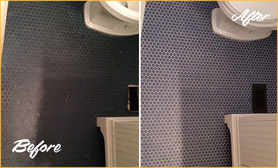 Before and After Picture of a Verplanck Blue Tile Floor Recolored Grout