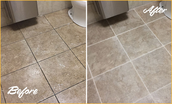 Before and After Picture of a Mount Kisco Office Restroom Floor Recolored Grout