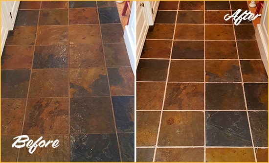 Before and After Picture of a Katonah Slate Floor Recolored Grout