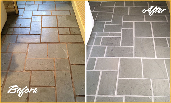 Before and After Picture of Damaged Tarrytown Slate Floor with Sealed Grout