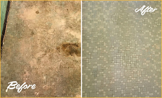 Before and After Picture of a Peekskill Mosaic Shower Cleaned to Eliminate Embedded Dirt