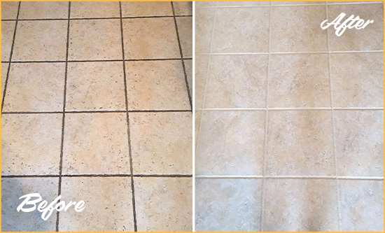Before and After Picture of a Goldens Bridge Ceramic Floor Cleaned to Remove Soil