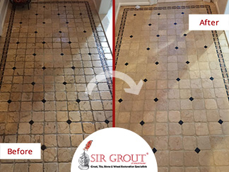 Before and After Picture of a Tumbled Marble Floor Stone Cleaning Service in Scarsdale, New York