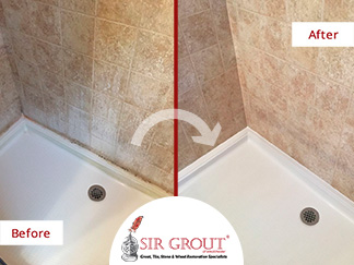 Before and After Picture of a Porcelain Shower Tile Cleaning in Valhalla, New York