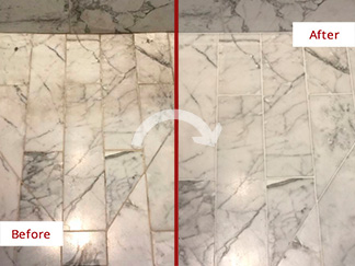 Marble Shower Before and After Picture a Grout Recoloring in Armonk