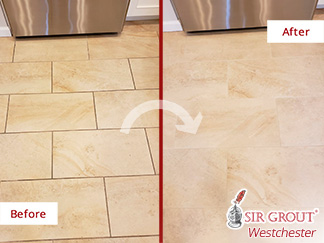 Before and After Picture of a Porcelain Tile Kitchen Floor Grout Sealing Service in Rye, New York