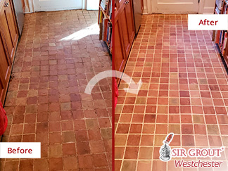 Before and After Picture of a Kitchen Terracotta Floor Tile Cleaning Service in Irvington, New York