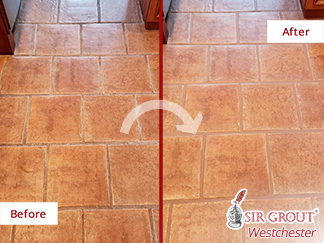 Before and After Picture of a Kitchen Floor Grout Sealing Service in Hawthorne, NY