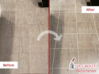 Before and After of a Kitchen Floor Grout Recoloring in White Plains, NY