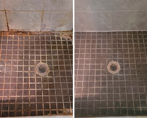 A Porcelain Shower Before and After a Service from Our Grout and Tile Cleaners in Scarsdale