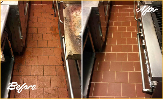 Before and After Picture of a Hastings On Hudson Restaurant Kitchen Tile and Grout Cleaned to Eliminate Dirt and Grease Build-Up