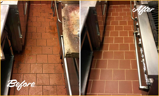 Before and After Picture of a North Salem Restaurant Kitchen Tile and Grout Cleaned to Eliminate Dirt and Grease Build-Up