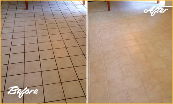 Before and After Picture of a North Castle Kitchen Tile and Grout Cleaned to Remove Embedded Dirt