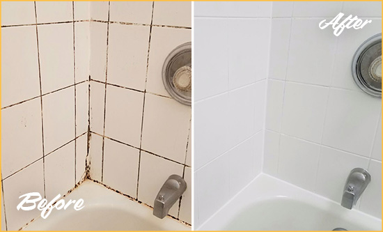 Before and After Picture of a Waccabuc Shower Tile and Grout Cleaned to Eliminate Mold