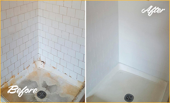 Before and After Picture of a Lewisboro Shower Tile and Grout Cleaned to Remove Soap Scum