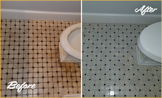 Before and After Picture of a Hawthorne Bathroom Tile and Grout Cleaned to Remove Stains