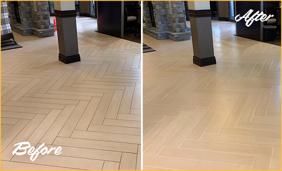 Before and After Picture of a Ardsley On Hudson Office Floor Tile and Grout Cleaned to Remove Stains